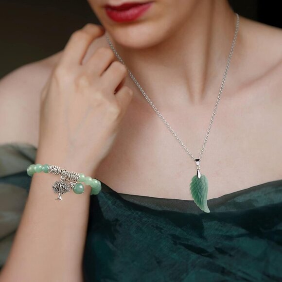 Reiki Healing Crystal Quartz Gemstones Jewelry Angel Wings Carved Stone Pendant - Picture 2 of 7